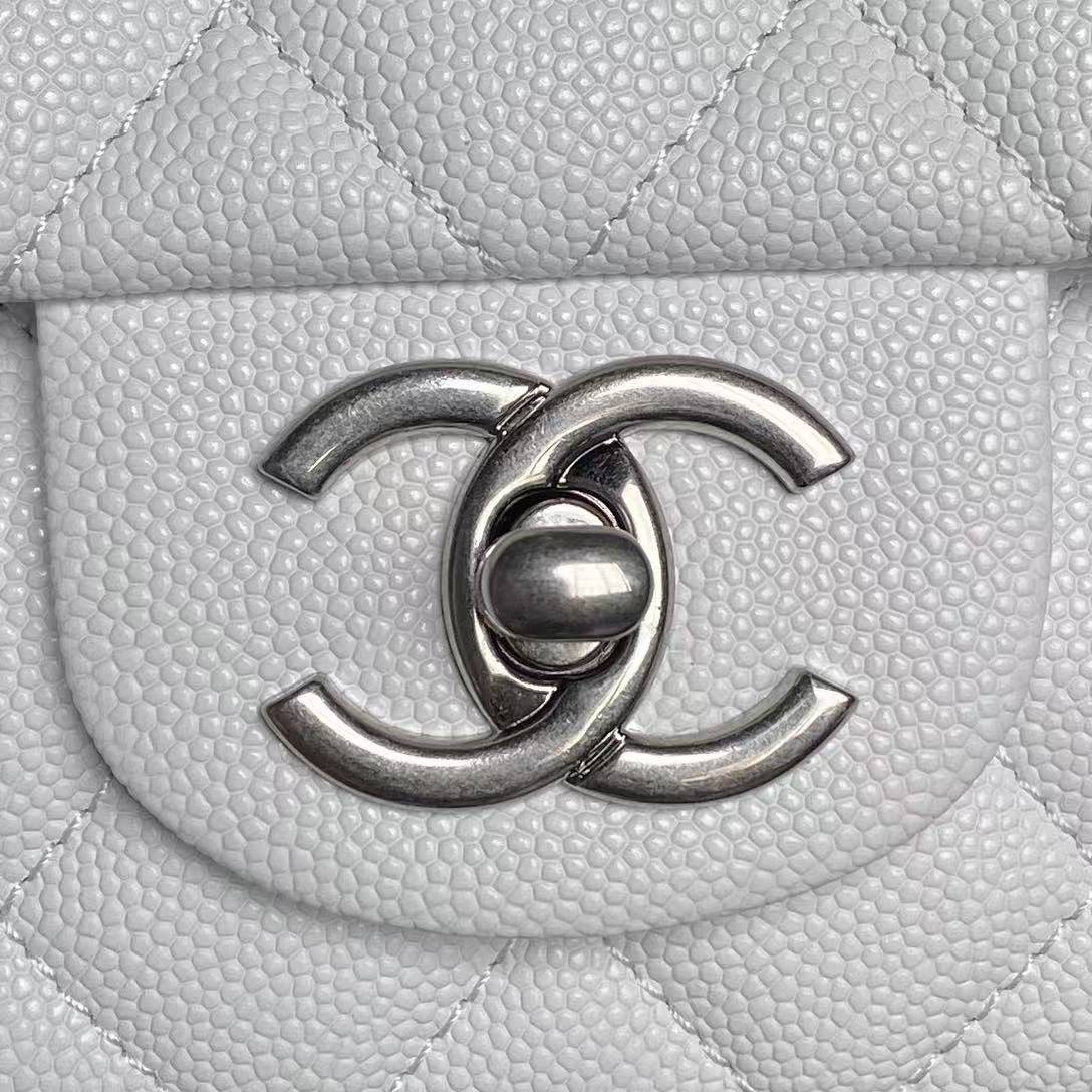Classic Chanel White Caviar Flap Bag With Top Handle 🤍