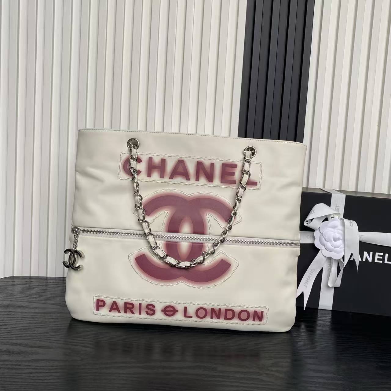 Chanel Paris London Limited Edition Graffiti Airport Tote Bag (Milk White Dyeing Powder)