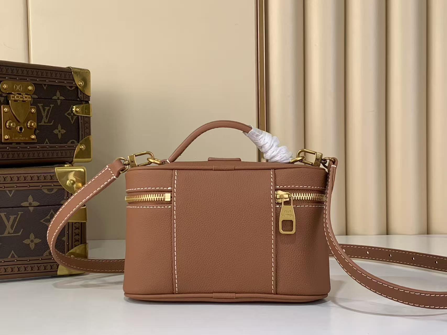 LV Mini Vanity Full Leather Caramel Makeup Case Handbag