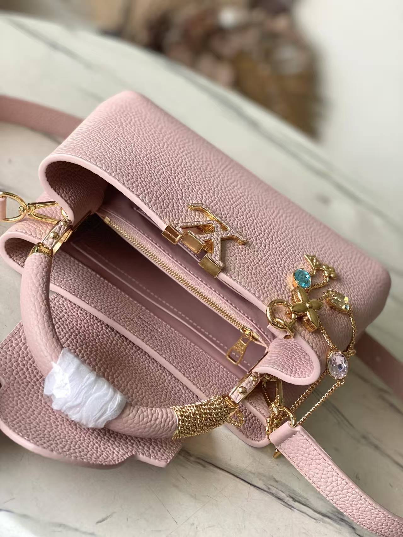 LV Capucines Mini Taurillon Leather Blush Pink Top Handle Bag