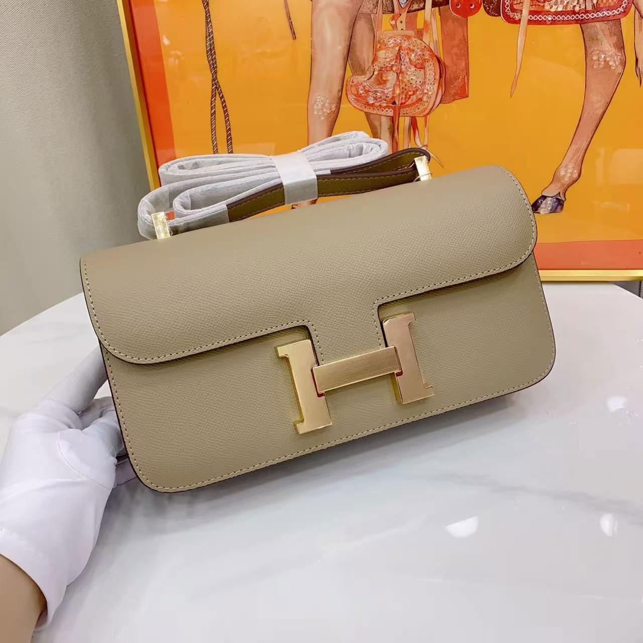 Herm è s Constance Elan Light Grey Beige Palm Pattern Underarm Bag