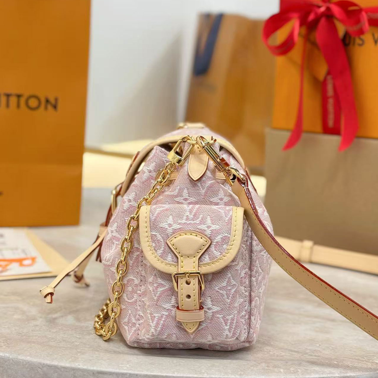 LV Light Pink Gradient Monogram Mini Drawstring Bucket Bag