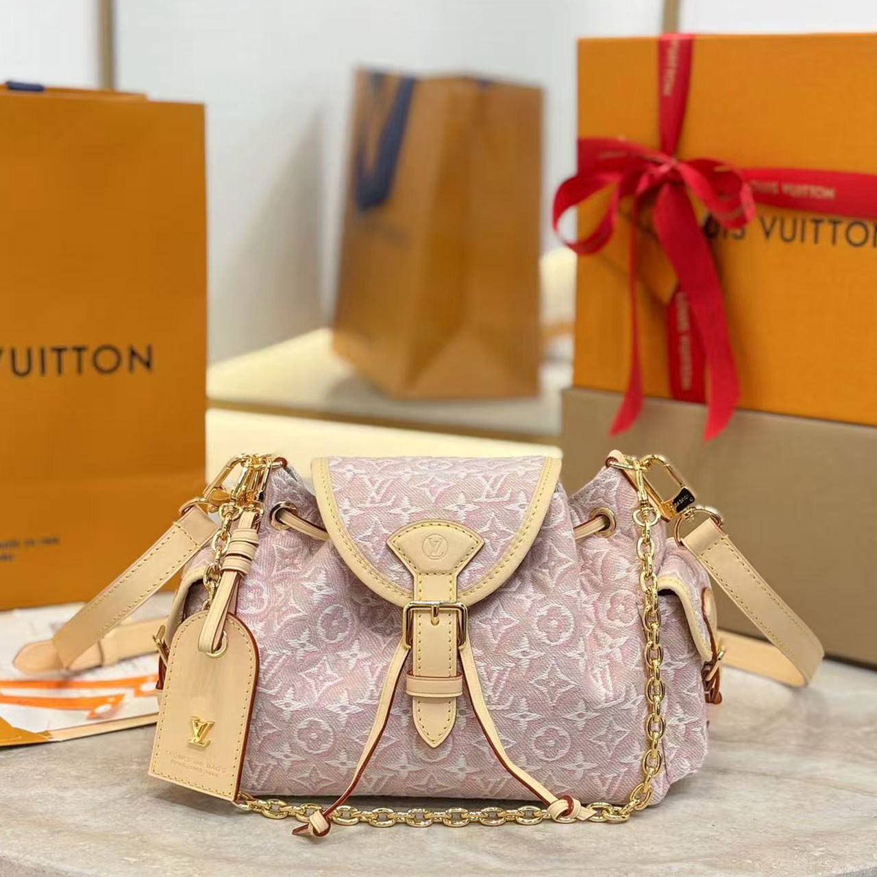LV Light Pink Gradient Monogram Mini Drawstring Bucket Bag