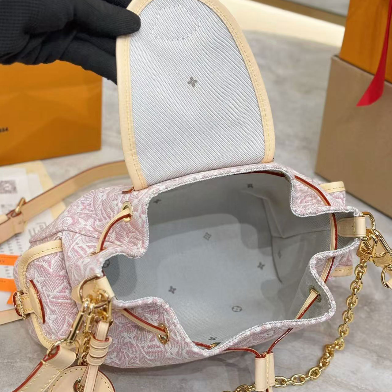 LV Light Pink Gradient Monogram Mini Drawstring Bucket Bag
