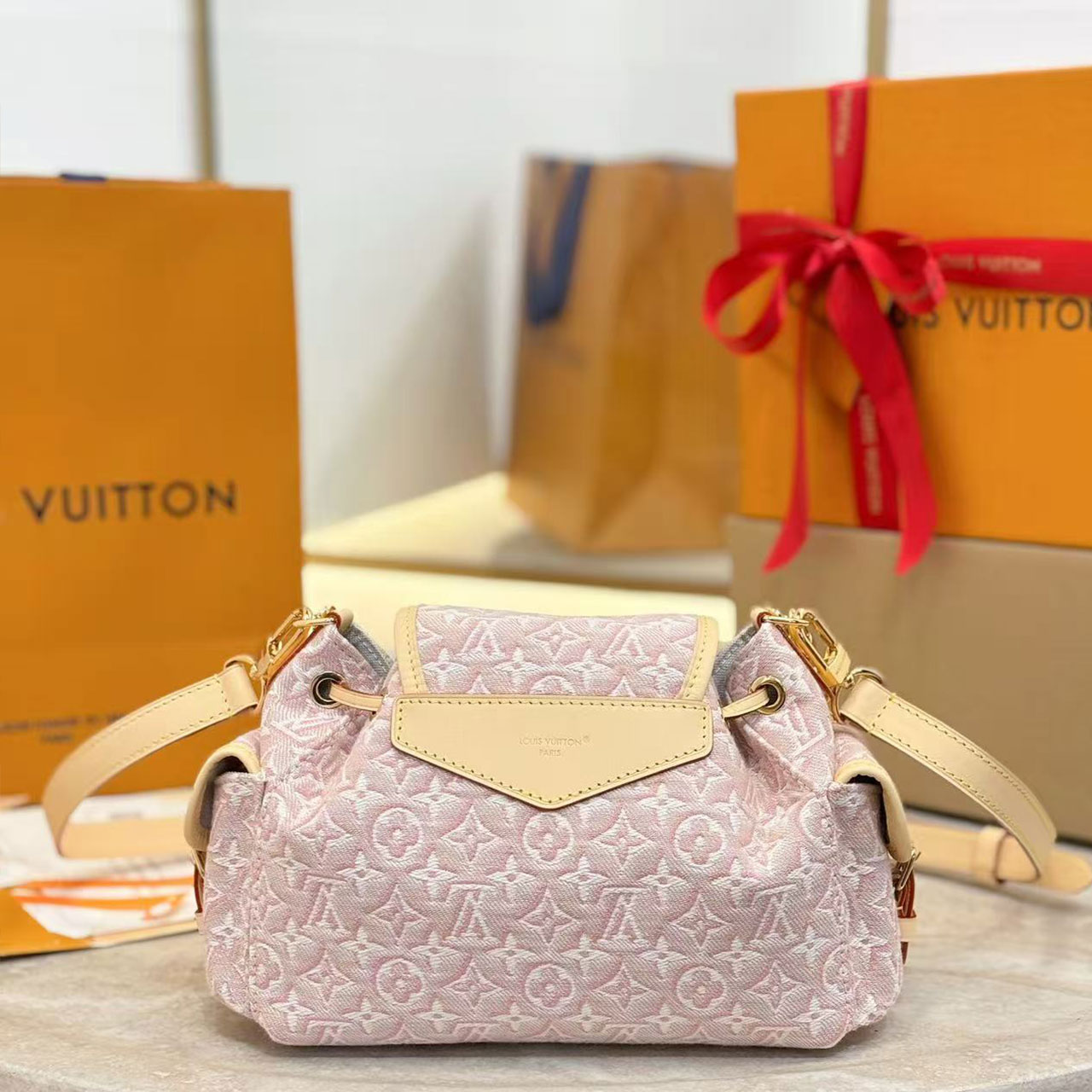 LV Light Pink Gradient Monogram Mini Drawstring Bucket Bag