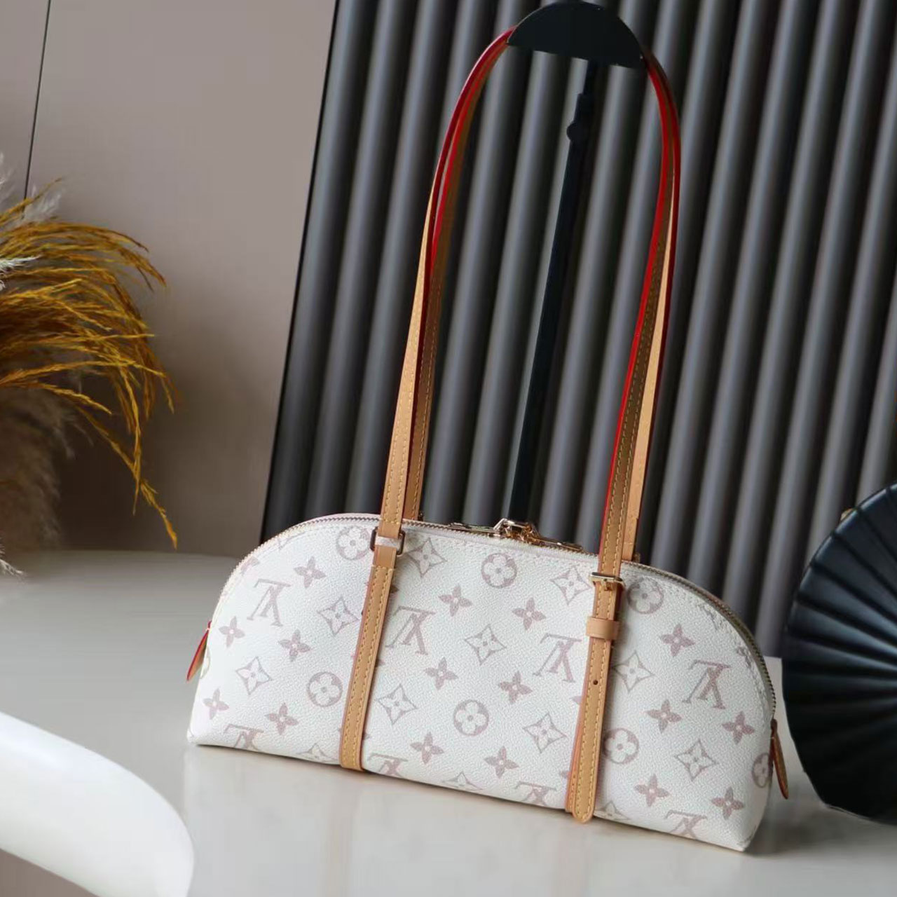 LV White Cherry Blossom Pink Monogram Arc Shaped Shell Underarm Bag