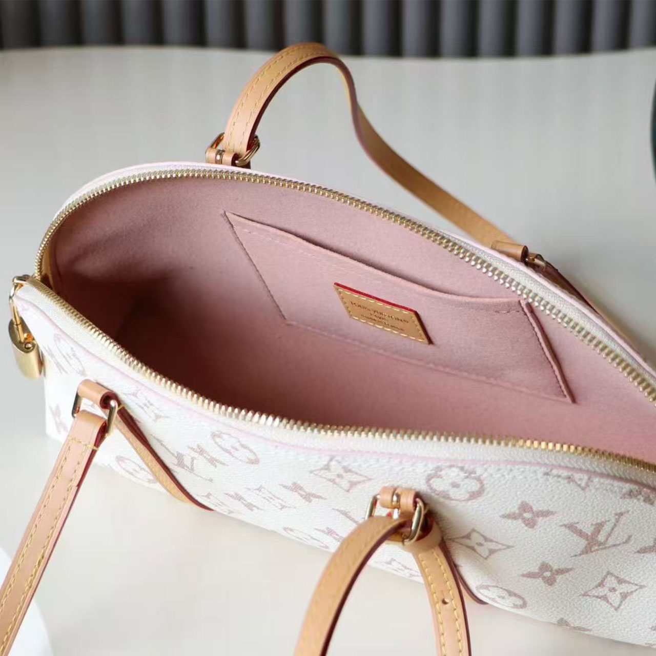 LV White Cherry Blossom Pink Monogram Arc Shaped Shell Underarm Bag