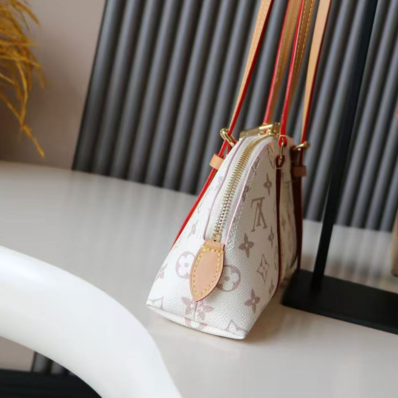 LV White Cherry Blossom Pink Monogram Arc Shaped Shell Underarm Bag