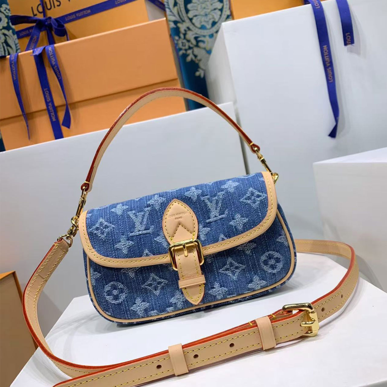LV retro washed denim vintage flower stick armpit bag