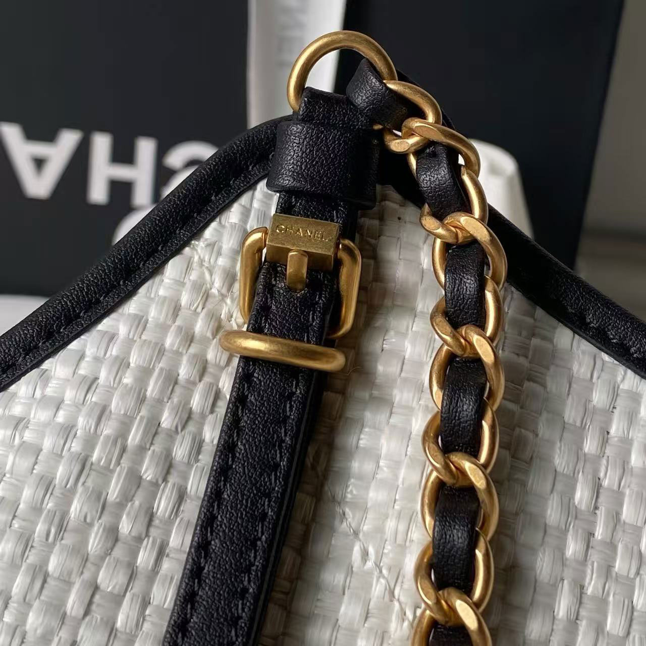 CHANEL white grass woven black leather gold label vacation style tote bag