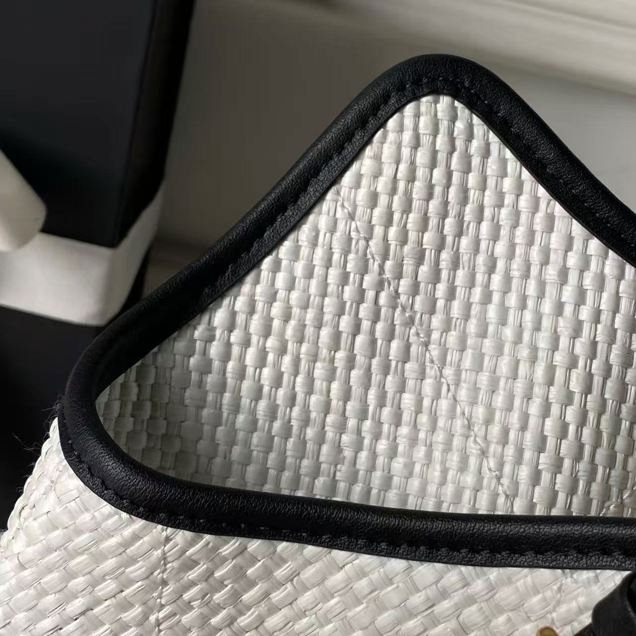 CHANEL white grass woven black leather gold label vacation style tote bag