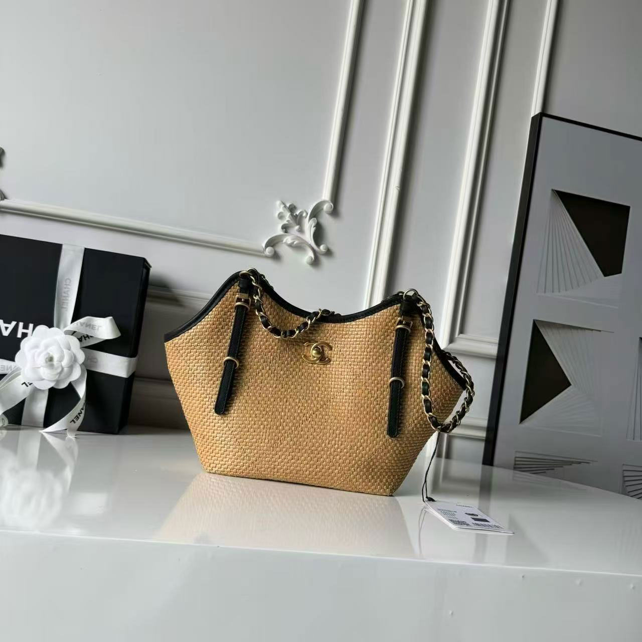 CHANEL white grass woven black leather gold label vacation style tote bag