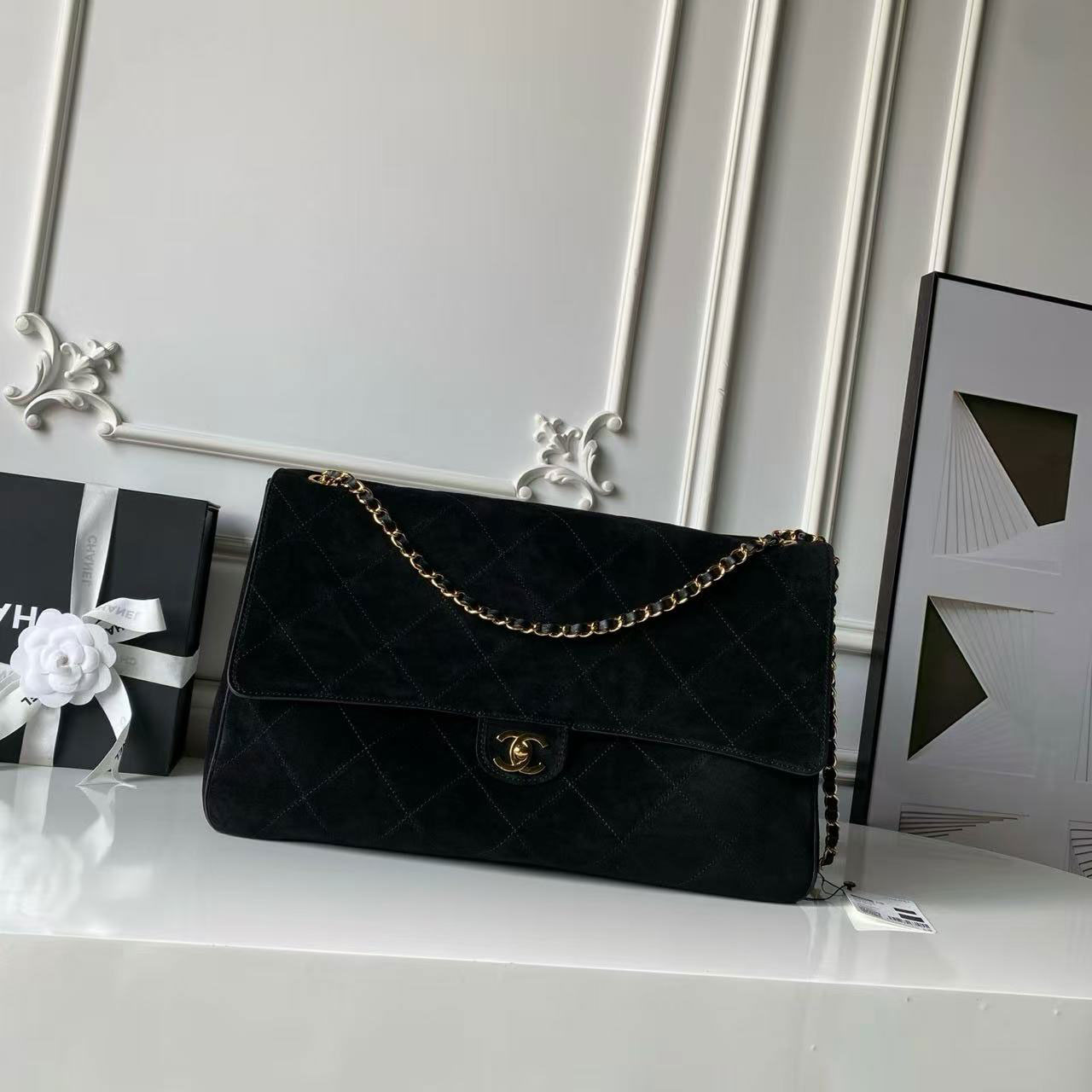 CHANEL black suede diamond grid retro gold chain large CF tote bag